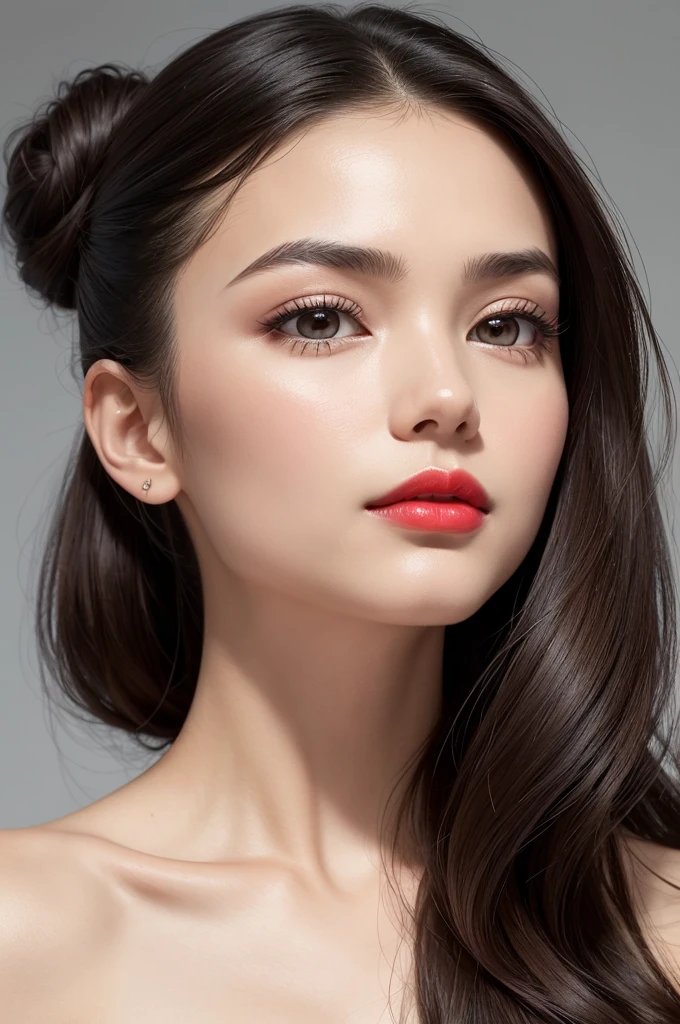 Long hair woman, smooth ass, and black in color; normally well-groomed and shiny, falling gently over the shoulders or tied into a sophisticated bun.
muka: Oval, with slightly pronounced cheekbones, delicate and well-defined chin.
eyeballs: grandes e expressivos, dark brown in color; long and natural eyelashes, Well-shaped eyebrows.
skin fair, smooth and well cared for, with a natural shine.
Small and delicate nose, slightly upturned.
full and well-defined lips, often highlighted with red lipstick.