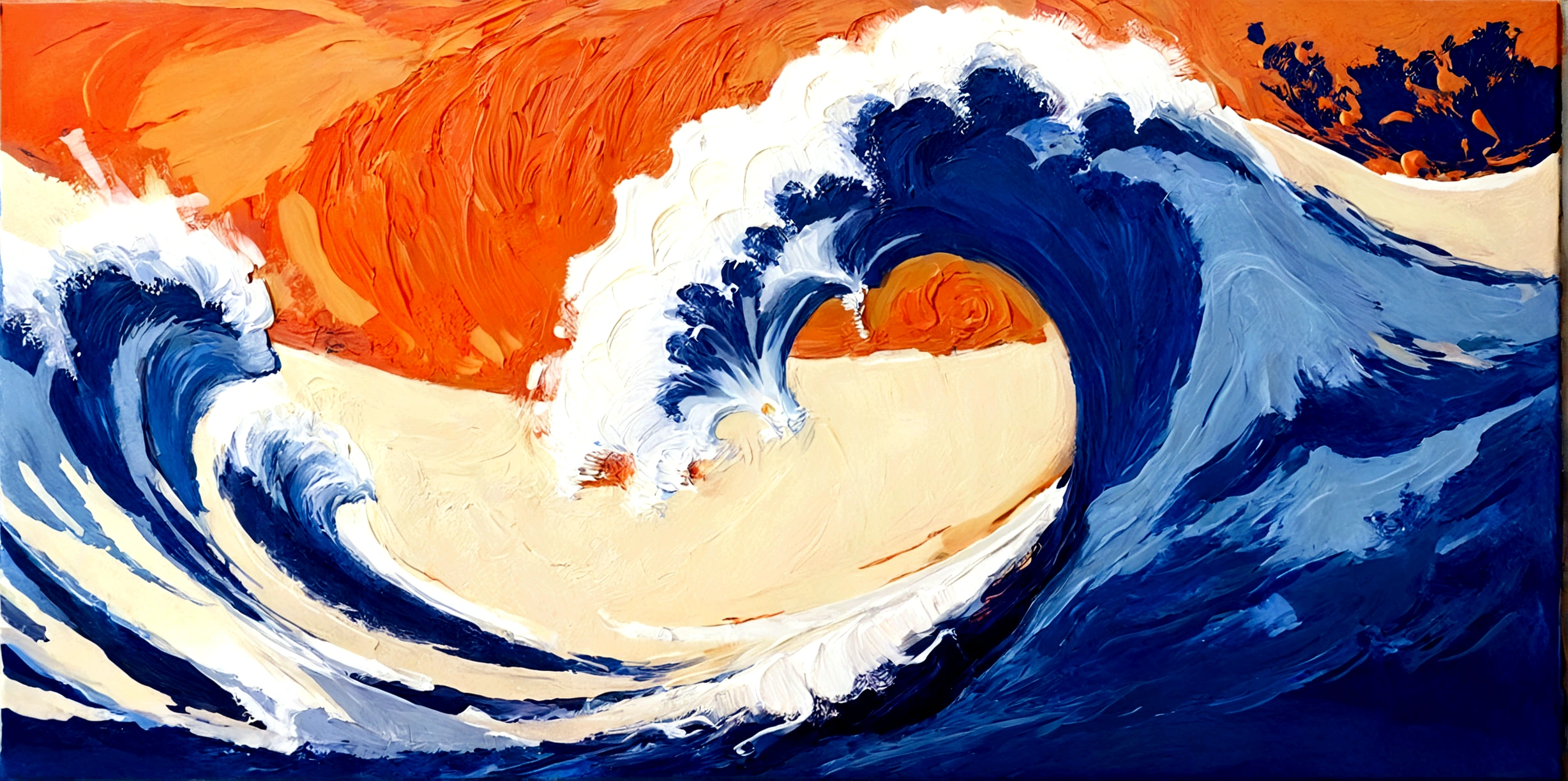 Big Wave,Huge waves,Sea waves,real,bright,orange color,Blue Background,vanilla,cream,whiskey,emotion,emotion,Thick textured paint,