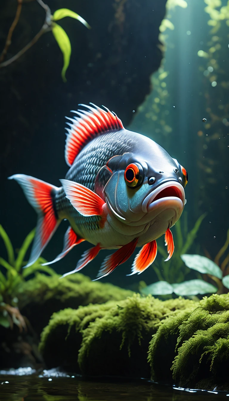 Panorama，河里有一种Mysterious Creatures：Red fish body，Fish head with human face，Mysterious Creatures, shrike, (best quality，4K，8K，High level，masterpiece：1.2），Ultra Detailed，（lifelike，Photo real，Photo real：1.37），Highly detailed animals，Complex patterns，Realistic lighting，Fantasy Creatures