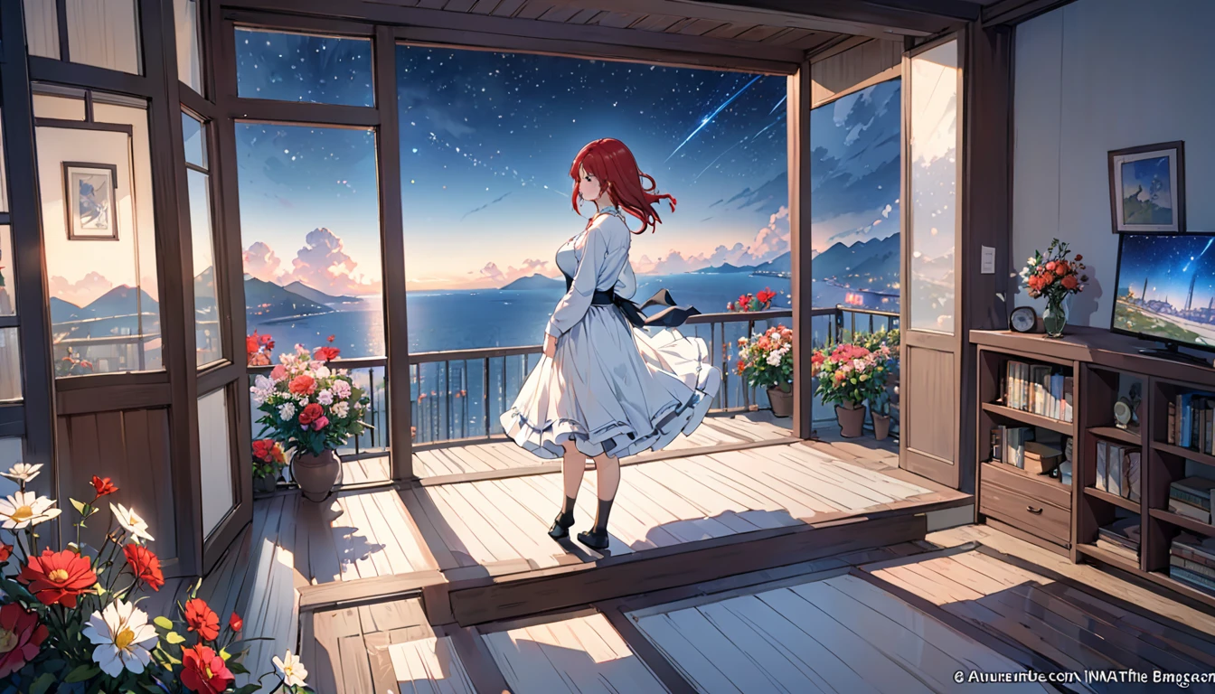 tmasterpiece， Best quality， Haberrufs， 1个Giant Breast Girl， solo， Flowers， a skirt， Inside the room， scenecy， natta， janeuthor：bangrunette colored hair， Black socks， looking at viewert， bblurry， vague background， The stands up， ， nigh sky， horizon， As estrelas， Solitude，