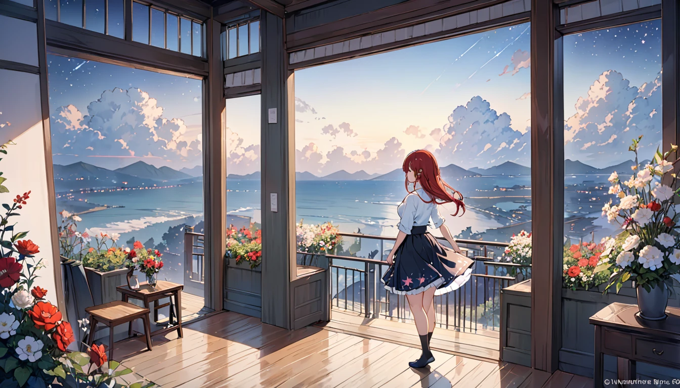 tmasterpiece, Best quality, Haberrufs, 1个Giant Breast Girl, solo, Flowers, a skirt, Inside the room, scenecy, natta, janeuthor:bangrunette colored hair, Black socks, looking at viewert, bblurry, vague background, The stands up, , nigh sky, horizon, As estrelas, Solitude,