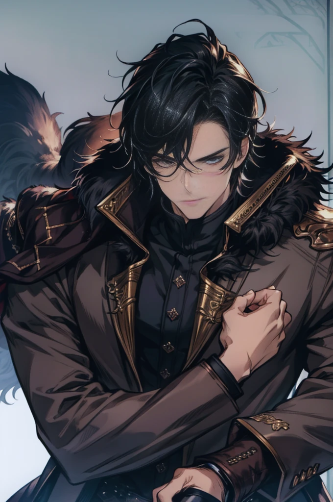 Masterpiece, Highest quality, realistic, 1 person, mature man, A quiet and charming young man, 30 years old, smile, gag, Portrait, Highly detailed face, 寒さとsmile, ((blue eyes)), ((Short black hair swept right)), [Thick eyebrows], dark palace, ((black long coat)), ((all black)), (blue eyes) ,Short Black Quiff Hair with Soft Fringe, handsome , muscle, Facial expressions, Black Knight Armor , black fur shawl(Masterpiece,best quality,special, (Broad shoulders)) (muscle), male focus, holding a sword