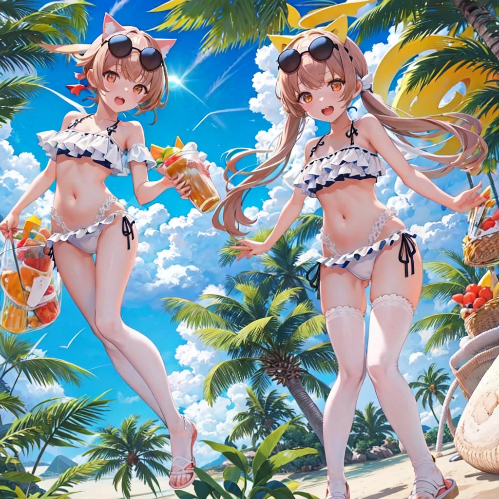 masterpiece, best quality, ultra-detailed, 1girl, hifumi, white frilled bikini, outdoors, red face, cat cutout, in beach