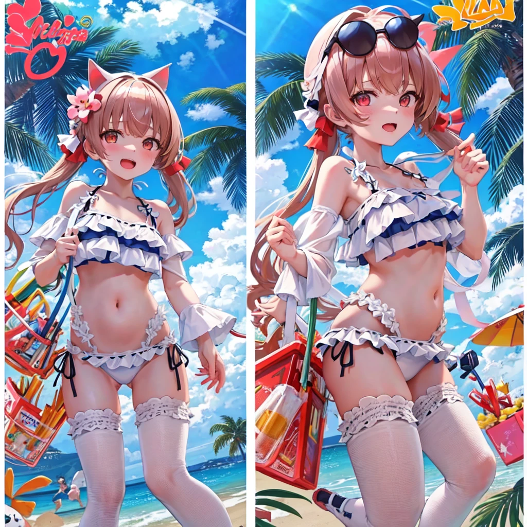 masterpiece, best quality, ultra-detailed, 1girl, hifumi, white frilled bikini, outdoors, red face, cat cutout, in beach