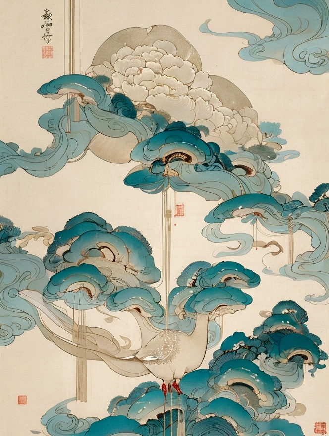 Song dynasty murals，Rice paper painting，Cyan light beige，Chinese eaves，Crane，White Space，Minimalist style，Fine brushwork，Extremely fine details，Exquisite style，New Chinese，landscape，Symmetrical composition