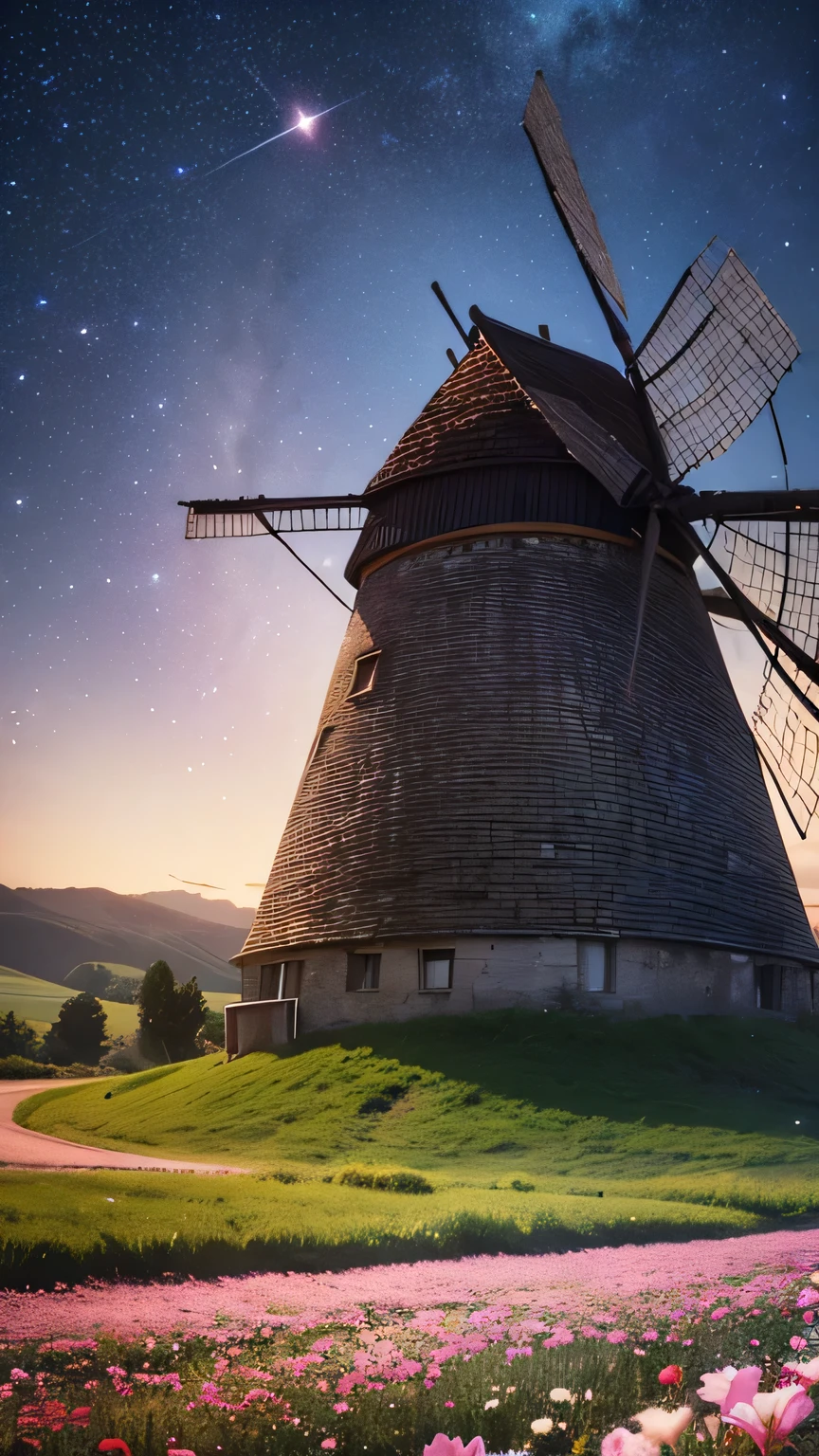 action,old windmill,wind,flowers,(side shot:1.3),bottom view,on the ground,evening,particles,rotation,galaxies in the sky,ral-dryflwrs,8k,F2.8,RAW Photo,ultra detailed,