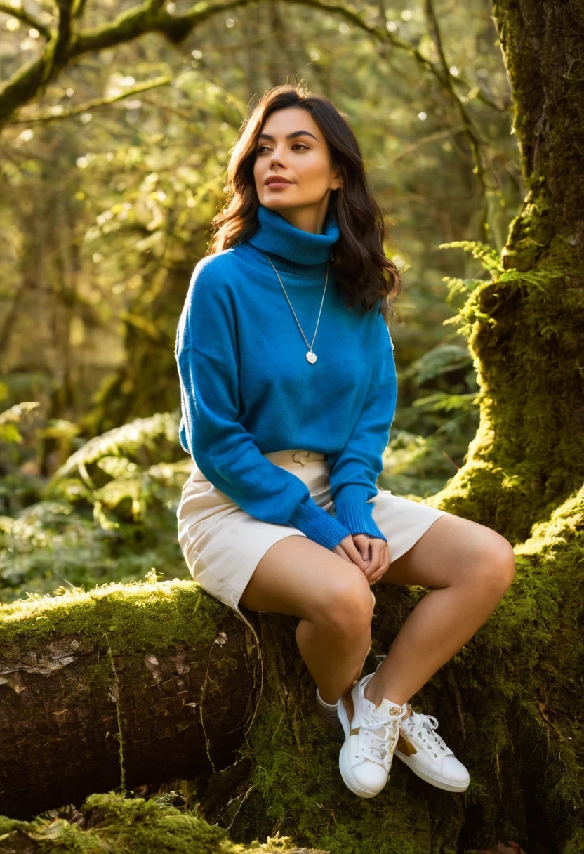 A close-up image of the enigmatic and captivating N1N15UN, with her distinctive bag slung casually over one shoulder, donning a vibrant blue shirt under a cozy turtleneck sweater and white sneakers, adorned with an intricate silver necklace. She's perched on the edge of a moss-covered tree stump in a serene forest grove, cradling a steaming mug of coffee between her hands, bathed in soft, warm sunlight filtering through the dense canopy above, exuding an air of quiet contemplation and creative inspiration.