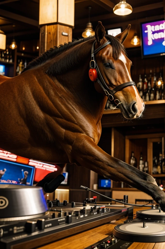 Draw me a picture with a horse that is wearing headphones and playing music in a bar with turntables like a DJ