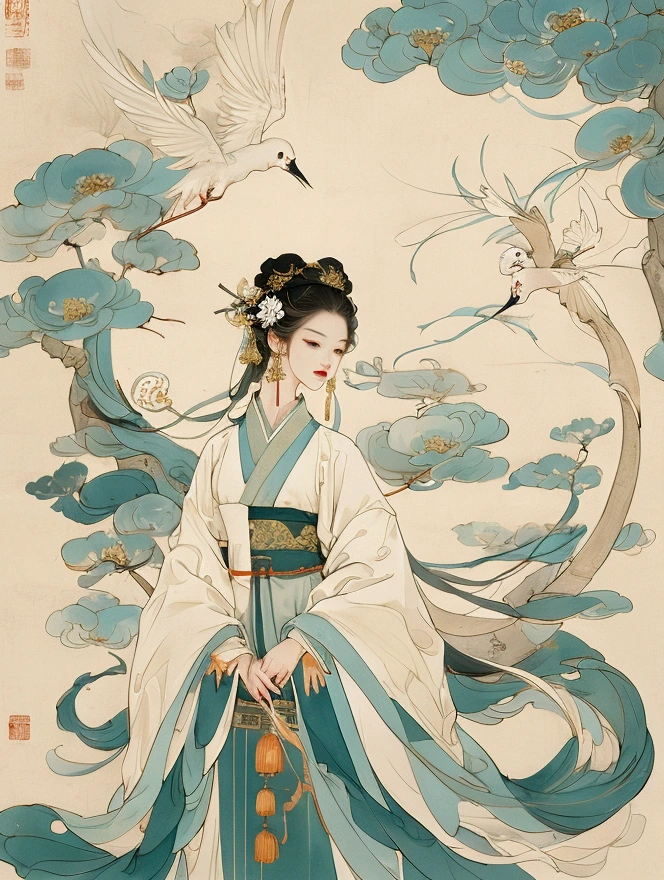 Song dynasty murals，Rice paper painting，Cyan light beige，Chinese eaves，eaves，Crane，white crane，White Space，Minimalist style，Fine brushwork，Extremely fine details，Exquisite style，New Chinese，landscape，Symmetrical composition