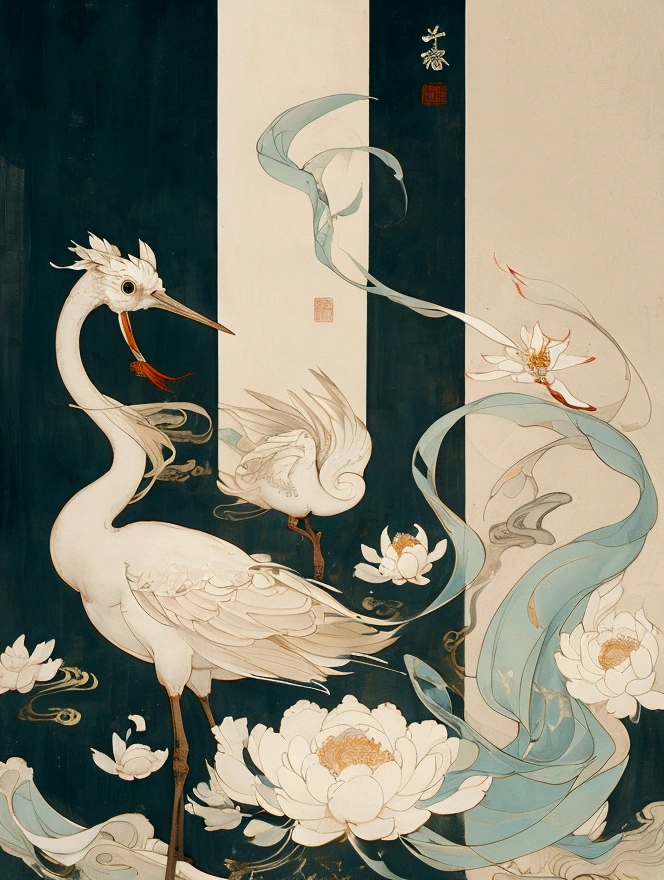 Song dynasty murals，Rice paper painting，Cyan light beige，Chinese eaves，eaves，Crane，white crane，White Space，Minimalist style，Fine brushwork，Extremely fine details，Exquisite style，New Chinese，landscape，Symmetrical composition