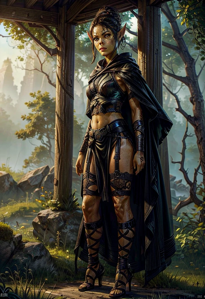 1girl, sexy githyanki, (green skin:1.22), black short hair bun, orange eyes, pointy ears, navel, midriff, black hooded cloak, black cape, garter, black belt, brown pouch, medium breasts, athletic, standing in the forest,  small river, highly detailed face and eyes, , Black high heel shoes, High heels, sunlight, midday, best quality, masterpiece, realistic, anatomically correct, stunning details, intricate details, 8k post-production, high resolution, super details, trending on ArtStation, sharp focus, depth of field f/1.8, studio photos