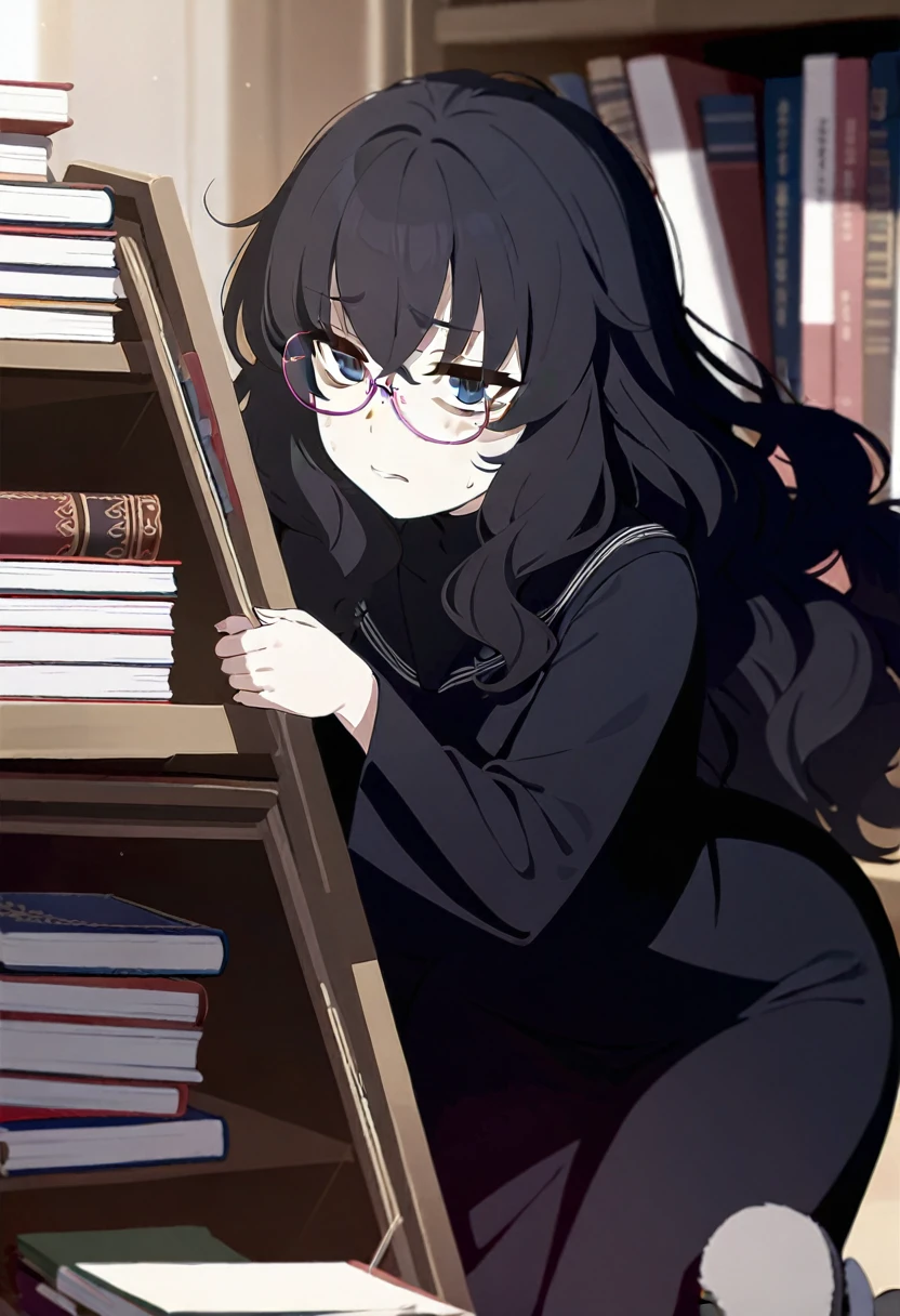 1 girl, (masterpiece), best quality, expressive eyes, perfect face, black hair, long hair, wavy hair, dark blue eyes, chubby, black pantyhose, bags under eyes, black tunic, long black tunic, serious face, gray slippers, in a library, glasses