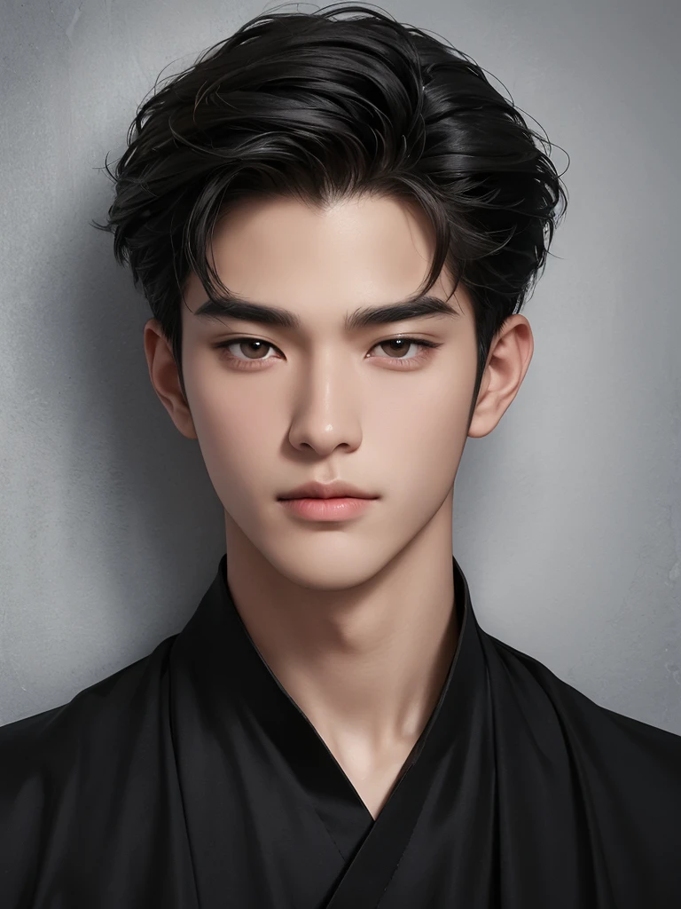 ((High quality)), ((masterpiece)), ((highly detailed)), perfect face, realistic, ((man)), ((Asian)), black hair, korean boy, portrait, cute guy, handsome guy, grey wallpaper, brown eyes, sexy