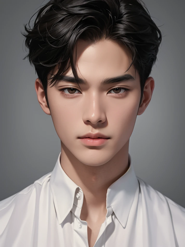 ((High quality)), ((masterpiece)), ((highly detailed)), perfect face, realistic, ((man)), ((Asian)), black hair, korean boy, portrait, cute guy, handsome guy, grey wallpaper, brown eyes, sexy