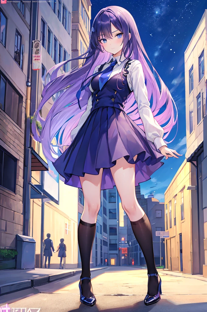 Anime girl with long hair and blue eyes standing on a city street, ArtStation Pixivでトレンド, Purple eyes, Blue tie, beautiful (Fine grain, Detailed face,) Ahegao, Euradev, Noble Temperament, High heels, No watermark