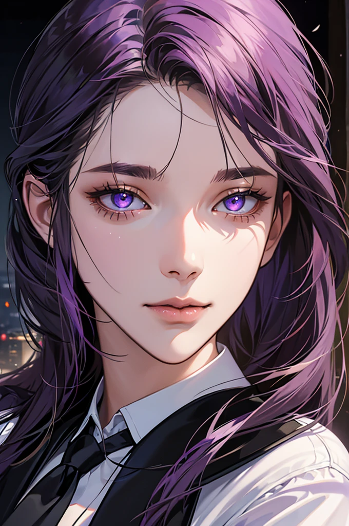 a confident girl with purple long hair wearing a white shirt, black tie, and black coat, close-up portrait, detailed, realistic, masterpiece, best quality, 8k, hyper detailed, photorealistic, professional lighting, vivid colors, intricate details, concept art