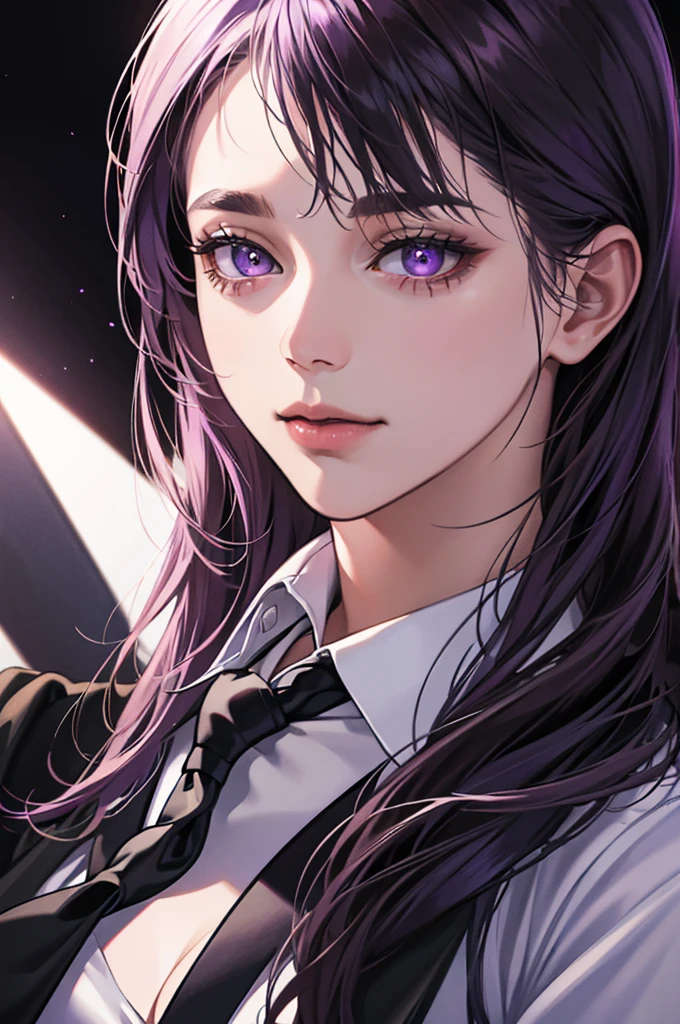 a confident girl with purple long hair wearing a white shirt, black tie, and black coat, close-up portrait, detailed, realistic, masterpiece, best quality, 8k, hyper detailed, photorealistic, professional lighting, vivid colors, intricate details, concept art