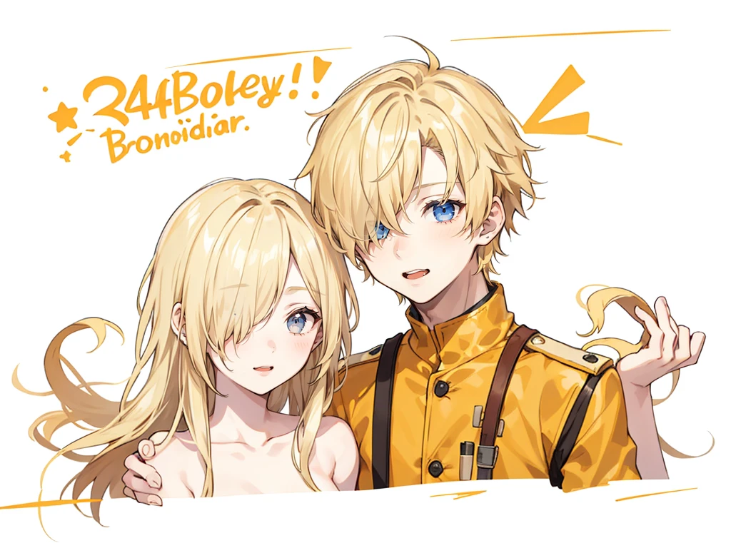 1 boy, 24 years old, 1 girl, 24 years old, hair over one eye, blonde hair, very long hair, nude,