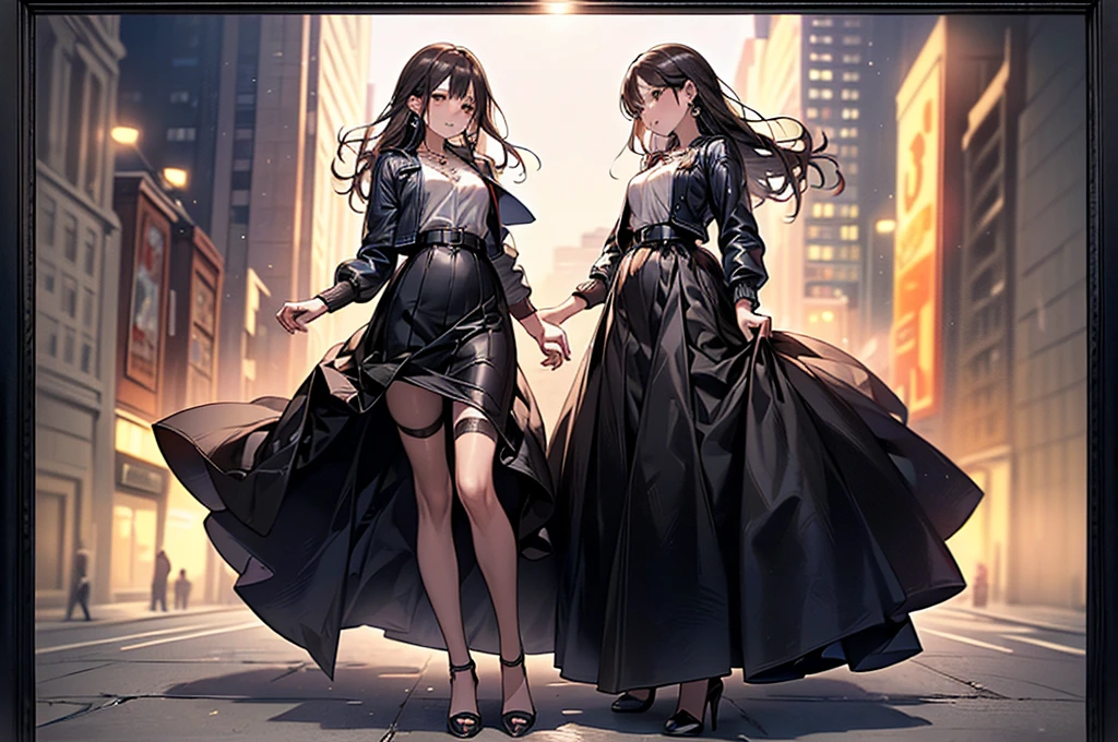 ((Biologically correct limb count))、(( Full-body photo including face))、4K、((Standing position))、masterpiece、((High heelsに焦点を当てる))、((Symmetrical facial features))、Eye for detailed depiction、Beautiful woman、Excellent style、Beautiful clavicle、Beautiful feet、Beautiful Hands、Slender body、(rubber tights、garter belt、High heels)、Facial detailing、Small earrings、necklace、(rubber jacket、Rubber Skirt)、High heelsに照明を当てる、tie、sunny、(((White framed photo)))、Fascinating、Night street、profile、Low - Angle、An angle to shoot up the skirt from below