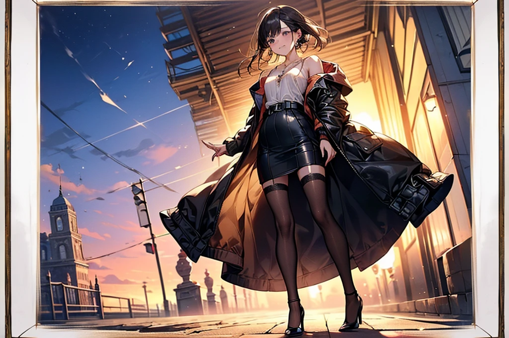 ((Biologically correct limb count))、(( Full-body photo including face))、4K、((Standing position))、masterpiece、((High heelsに焦点を当てる))、((Symmetrical facial features))、Eye for detailed depiction、Beautiful woman、Excellent style、Beautiful clavicle、Beautiful feet、Beautiful Hands、Slender body、(rubber tights、garter belt、High heels)、Facial detailing、Small earrings、necklace、(rubber jacket、Rubber Skirt)、High heelsに照明を当てる、tie、sunny、(((White framed photo)))、Fascinating、Night street、profile、Low - Angle、An angle to shoot up the skirt from below