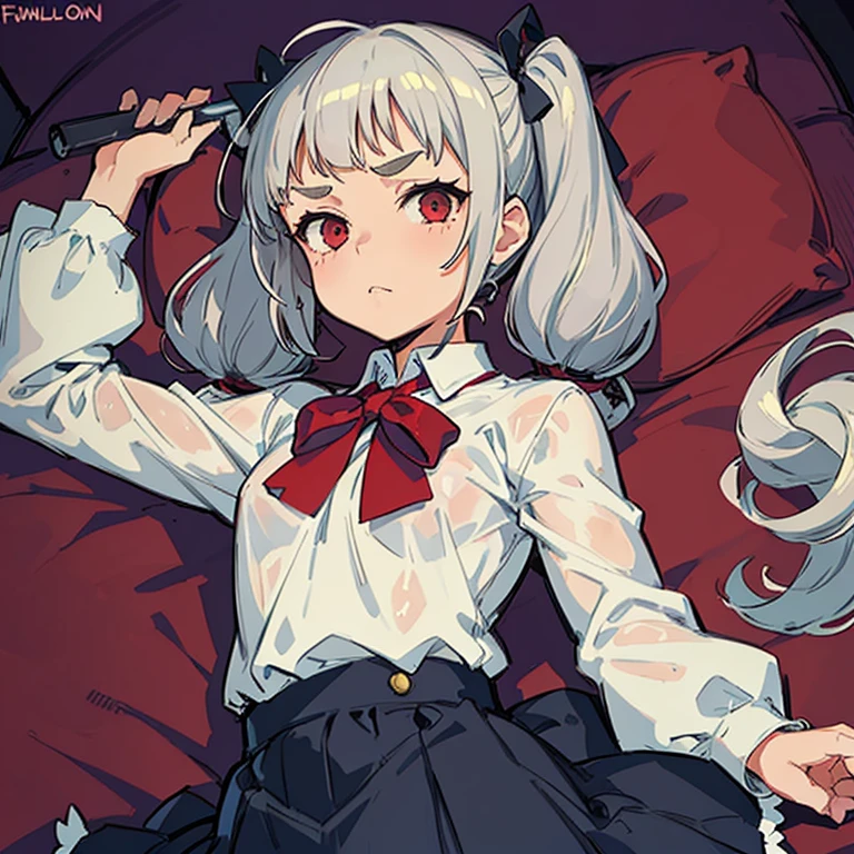 Young girl with grey hair, ((fringed and curly hair)),((curly short twintail)), (red eyes),, ((small bushy eyebrows)), wearing gothic lolita clothing, lolicon , walking to school, bored look, bored face, , lifting her skirt to show her vagina wet with semen, having sex