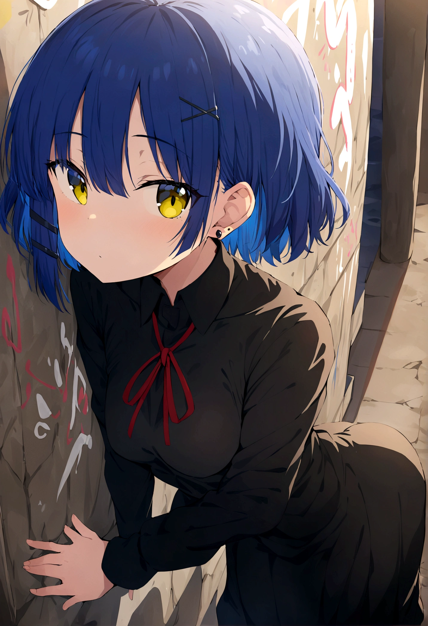 (best quality, highres, masterpiece : 1.4), (flatten art : 0.8), masterpiece, (best quality), adult woman, anime, deep blue hair hair, 2 black hair clip, black pin earring, fair skin, faint yelllow eyes, small sized breast, no expression, (black dress, black long sleeve,red ribbon),night, eyes to the viewer, leaning to the wall, (background: wall, underground, grafitti) 