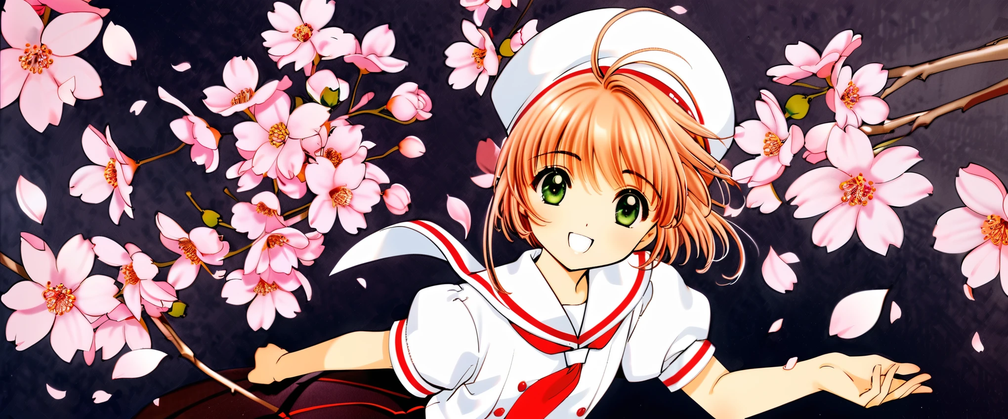 One girl,kinomoto sakura,alone,Uniforms of Tomoeda Elementary School,Green Eyes,Brown Hair,skirt,,Open your mouth,Have,Short sleeve,short hair,View your viewers,smile,petal,Puffy sleeves,black skirt,puffy Short sleeve,Antenna Hair,White Hat,Recall,cherry blossoms,Sailor collar,:d,white shirt,shirt,bangs,Put your arms behind your back,Traditional Media,