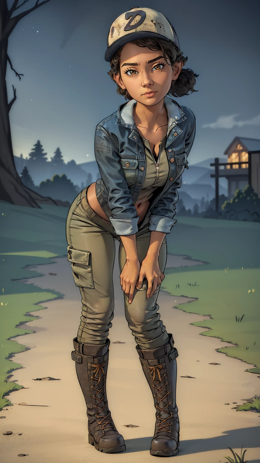 ((masterpiece, best quality)),(complex lighting) ,solo,(((1girl))) ,clementine, light skin,light-skinned female, baseball cap, green cargo pants, brown eyes, tight pants, combat boots, shirt, short hair, one short ponytail, open denim jacket, huge butt, thicc butt , (((8k))), (((full body))), (((bent over))), (((looking at the viewer))), (((view from in front of her))), big breasts