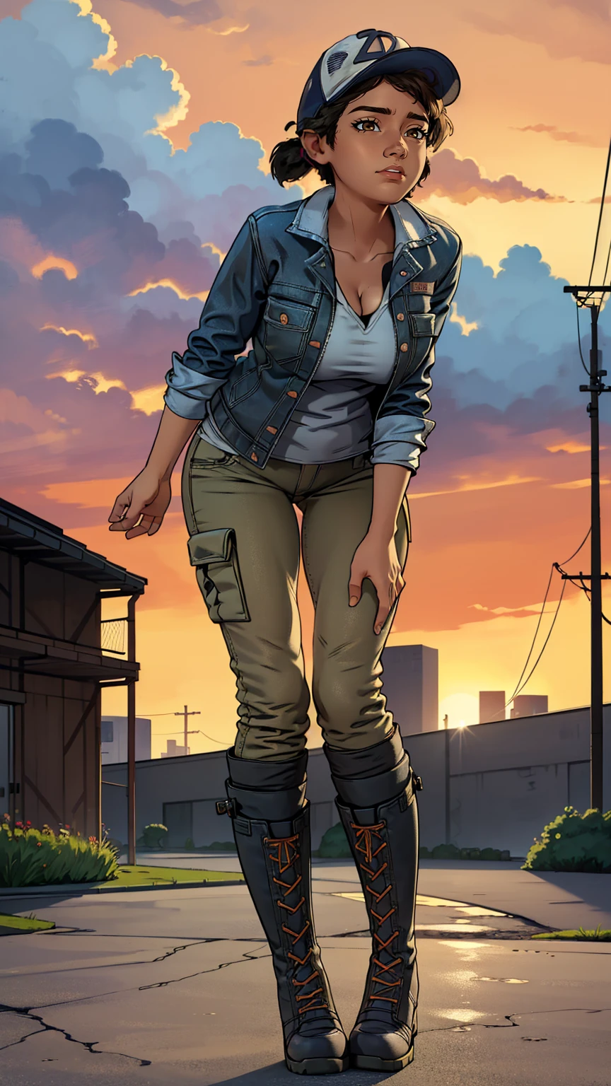 ((masterpiece, best quality)),(complex lighting) ,solo,(((1girl))) ,clementine, light skin,light-skinned female, baseball cap, green cargo pants, brown eyes, tight pants, combat boots, shirt, short hair, one short ponytail, open denim jacket, huge butt, thicc butt , (((8k))), (((full body))), (((bent over))), (((looking at the viewer))), (((view from in front of her))), big breasts