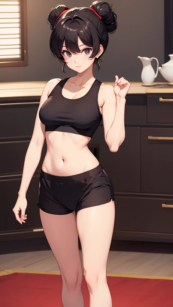 Grey sports bra、Grey pantieasterpiece、Highest quality)、Highest quality, Ultra-high resolution, (((masterpiece))), alone, Sweat、Big eyes, Please show me your armpits, Composition from the front、(Short back hair、short hair、blonde、woman)、(Manga style:1.1)、Shortcuts、Embarrassed face、Cut your hair short、可愛いwomanの子、Big Breasts