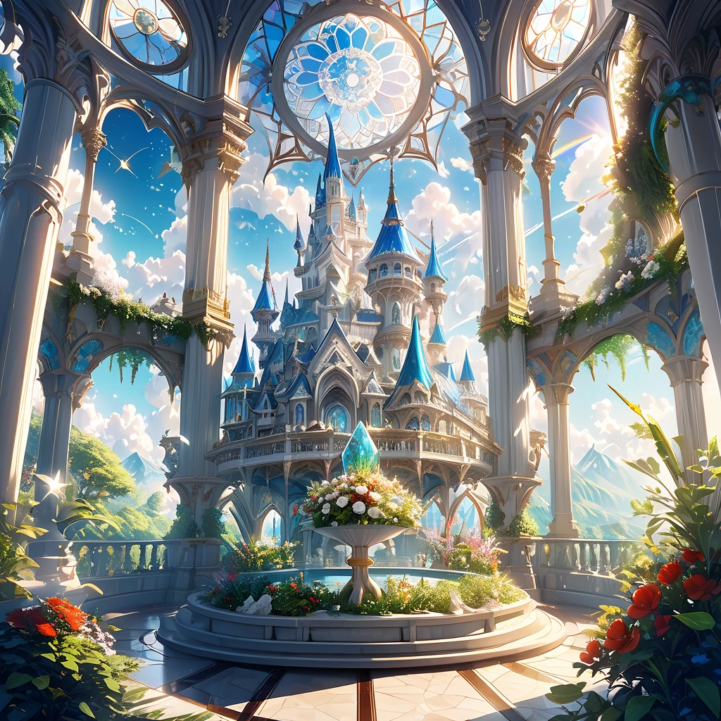 a magnificent floating royal castle in the sky, It is made of a material that resembles a mixture of pure white marble and transparent crystal, a huge astronomical telescope on the balcony, ornate architecture, highly detailed, intricate carvings and decorations, glowing crystals, sunlight streaming through stained glass windows, overflowing gardens, lush greenery, (best quality,4k,8k,highres,masterpiece:1.2),ultra-detailed,(realistic,photorealistic,photo-realistic:1.37),detailed lighting, dramatic shadows, vibrant colors, fantasy, digital art, concept art