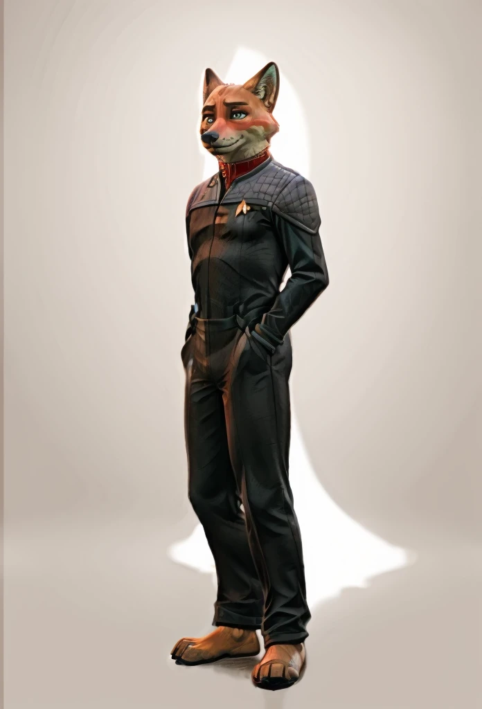 (((Barefoot furry character, full body, cinematic setting, furry male, plantigrade)))
(((Nick Wilde))) exudes confidence and authority as he sits in the captain's chair, and his (((Star Trek DS9 uniform))) with the Starfleet Delta badge on his chest is a perfect match for his muscular figure. Handsome clawed feet paws dominate the bridge of the star ship and its crew. (((black and grey ds9st uniform with red collar))). Bridge of starship with many screens and consoles as background, futuristic look, metalic. anatomically correct, Long black pants, black shirt with gray shoulders, red collar.
BREAK, intricate details, highly detailed, extreme detail, octane render, fine art, best quality, highres, (detailed face:1.5), ((full_body)), UHD, (((perfect hands))), low light