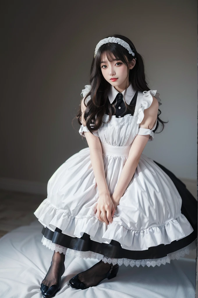 best quality, quality, masterpiece, photorealistic, kneeling, 1girl, solo, full body, maid attire, black pantyhose, high heels, simple background,