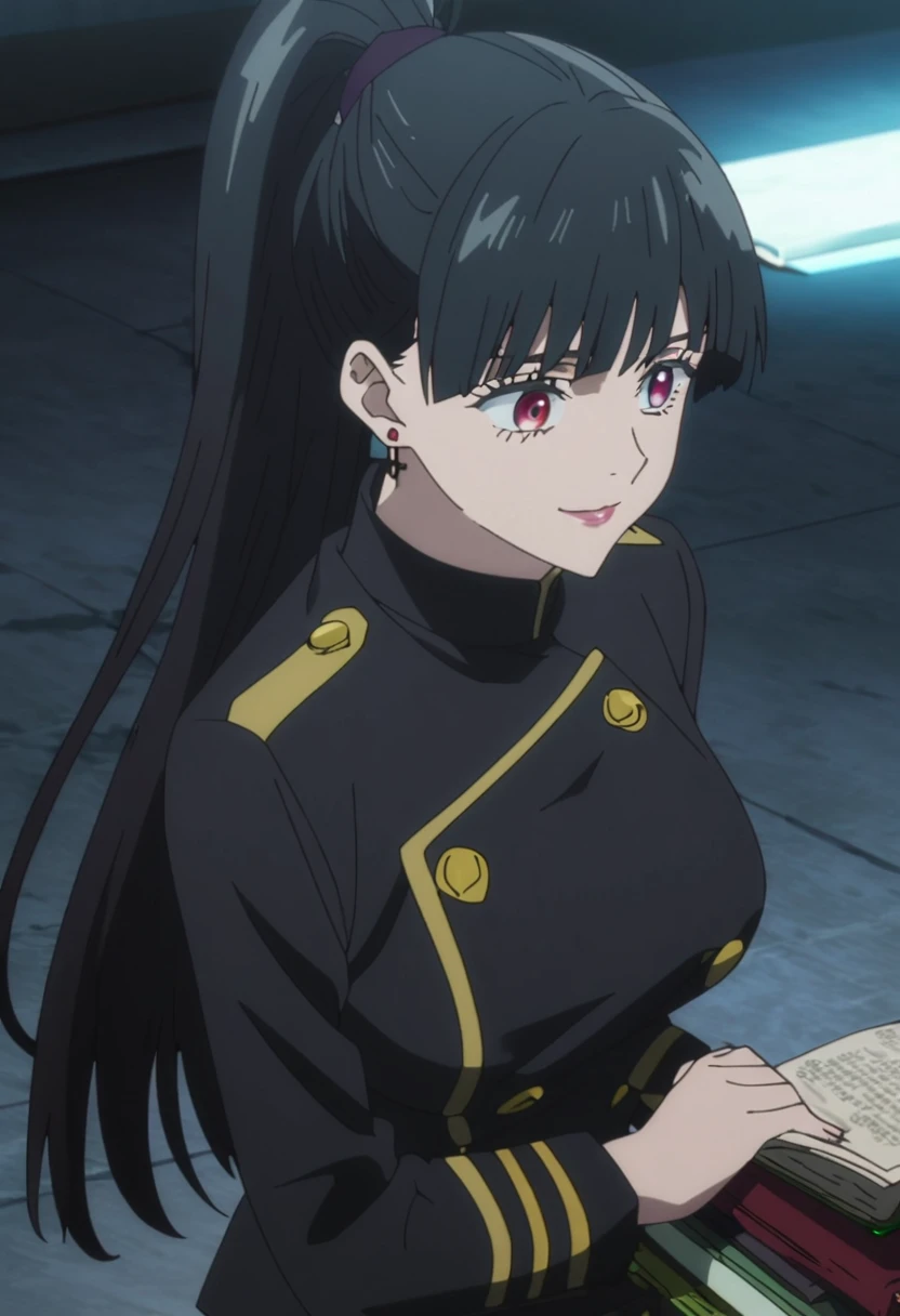 1girl, female gojo satoru, anime screencap from jujutsu kaisen, gojo satoru female version, solo, long_hair, Red eyes ((Black_hair)), night view, (hanging breasts) upper_body, smile, indoors, book, green_eyes, lips, (high ponytail) ((wearing black colour uniform with button)) breast, "very detailed and high resolution" (Red eyes) (cross arms)  ((long hair)) ((solo)) (front view) (earings) ((high resolution)) ((good quality)) ((side bangs))