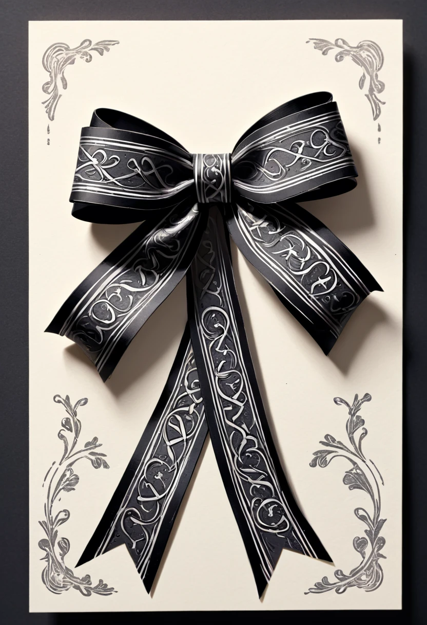 masterpiece、super beautiful、8K、Asymmetric、Long wavy ribbon、flat、An illustration of a ribbon tied in a bowknot, drawn with worn lines in the style of medieval black and white letterpress printing.