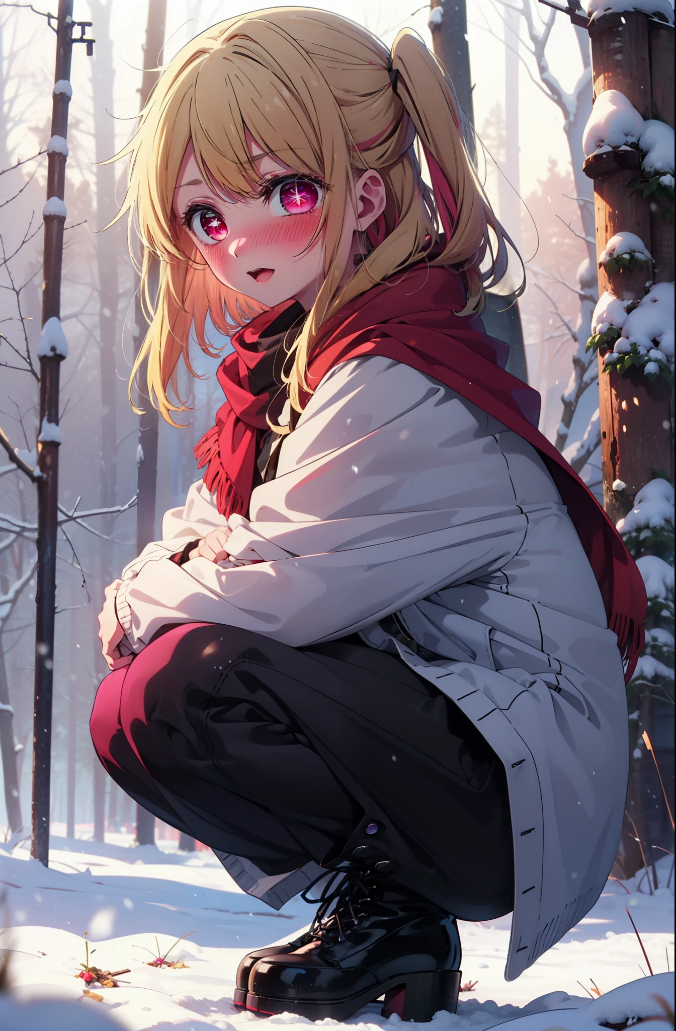 rubyhoshino, Hoshino Ruby, Long Hair, bangs, Blonde, (Pink Eyes:1.3), (Symbol-shaped pupil:1.5), Multicolored Hair, Two-tone hair, smile,blush,White Breath,
Open your mouth,snow,Ground bonfire, Outdoor, boots, snowing, From the side, wood, suitcase, Cape, Blurred, , forest, White handbag, nature, Squat, Mouth closed, Cape, winter, Written boundary depth, Black shoes, red Cape break looking at viewer, Upper Body, whole body, break Outdoor, forest, nature, break (masterpiece:1.2), Highest quality, High resolution, unity 8k wallpaper, (shape:0.8), (Beautiful and beautiful eyes:1.6), Highly detailed face, Perfect lighting, Highly detailed CG, (Perfect hands, Perfect Anatomy),