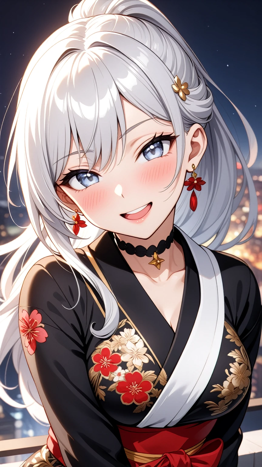 ((one woman)), Beautiful Face, upper body, Laughing embarrassedly, (laugh:1.2),((Wink:2.0)), (head tilt:1.7), Laugh with your mouth wide open, upper teeth, looking at viewer, ((full-face blush:1.6)),Glossy Red Lips, Night view, High rise building terrace, firework, Glossy red lips, Shining Face, ((anime colored)), ((Anime style background)),masterpiece, Highest quality, so beautiful,up to date, Complex details, (Pink long nails),(ring),(bracelet),(Floral choker),AI-generated, Complex,High resolution, Highest quality, super high quality,3D Images、3D Images, One person, Long white hair, High Ponytail, Anime woman posing for a photo, (blue eyes), ((Fine grain、Silvery white, lightly pigmented eyes、Shining Eyes:1.4)), (Squint your eyes:1.1),a hyperRealistic , hyperRealistic , Realistic,Anime woman with long white hair, Smooth anime CG art, ((A woman in a gorgeous kimono embroidered with gold)), ((Long sleeve black kimono:1.2)),((Red floral pattern)),Long flower hair ornament,Earrings,Mature Body,Adult women, (Big Breasts:1.1),Tall,Abdominal muscles,Tight waist,(face focus:1.1), ((front view)),