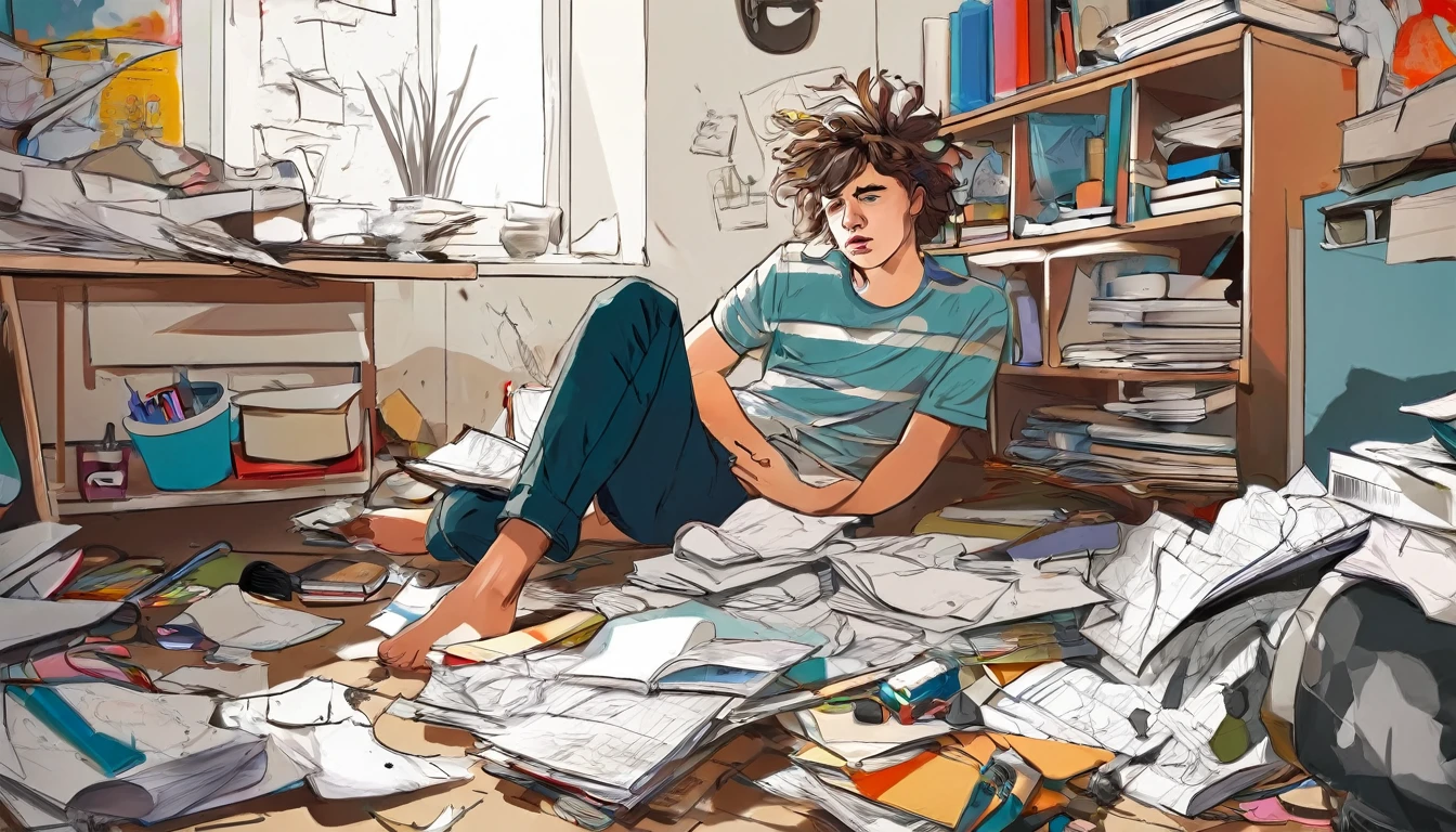 Draw a sketch illustration of a teenager with a chaotic mind. The teenager is sitting in the corner of a messy room, holding their head with disheveled hair. Surrounding them are various objects like scattered papers, open books, and gadgets lying around haphazardly. Their expression shows confusion and anxiety. Make the atmosphere of the image feel gloomy and stressful, with dim lighting and sharp shadows.
