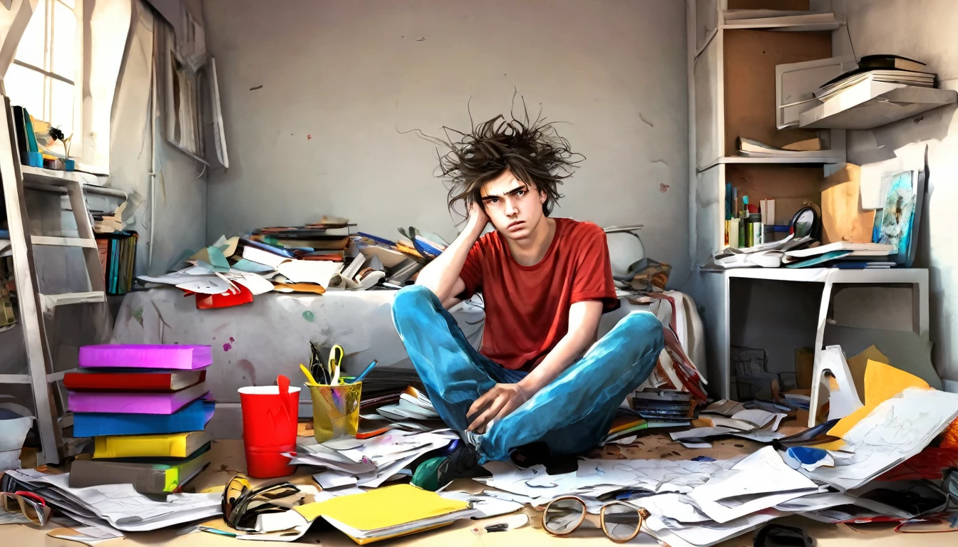 Draw a sketch illustration of a teenager with a chaotic mind. The teenager is sitting in the corner of a messy room, holding their head with disheveled hair. Surrounding them are various objects like scattered papers, open books, and gadgets lying around haphazardly. Their expression shows confusion and anxiety. Make the atmosphere of the image feel gloomy and stressful, with dim lighting and sharp shadows.