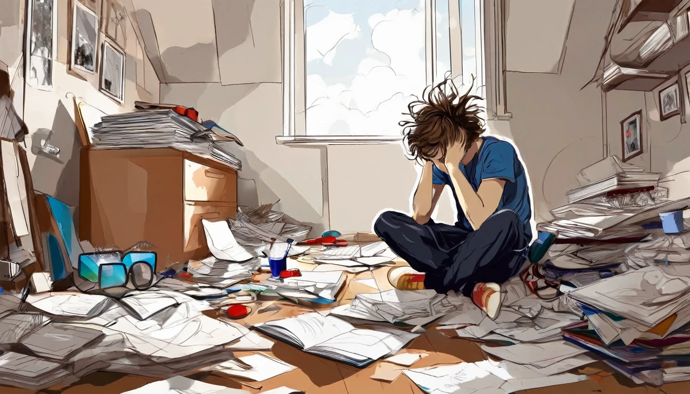 Draw a sketch illustration of a teenager with a chaotic mind. The teenager is sitting in the corner of a messy room, holding their head with disheveled hair. Surrounding them are various objects like scattered papers, open books, and gadgets lying around haphazardly. Their expression shows confusion and anxiety. Make the atmosphere of the image feel gloomy and stressful, with dim lighting and sharp shadows.