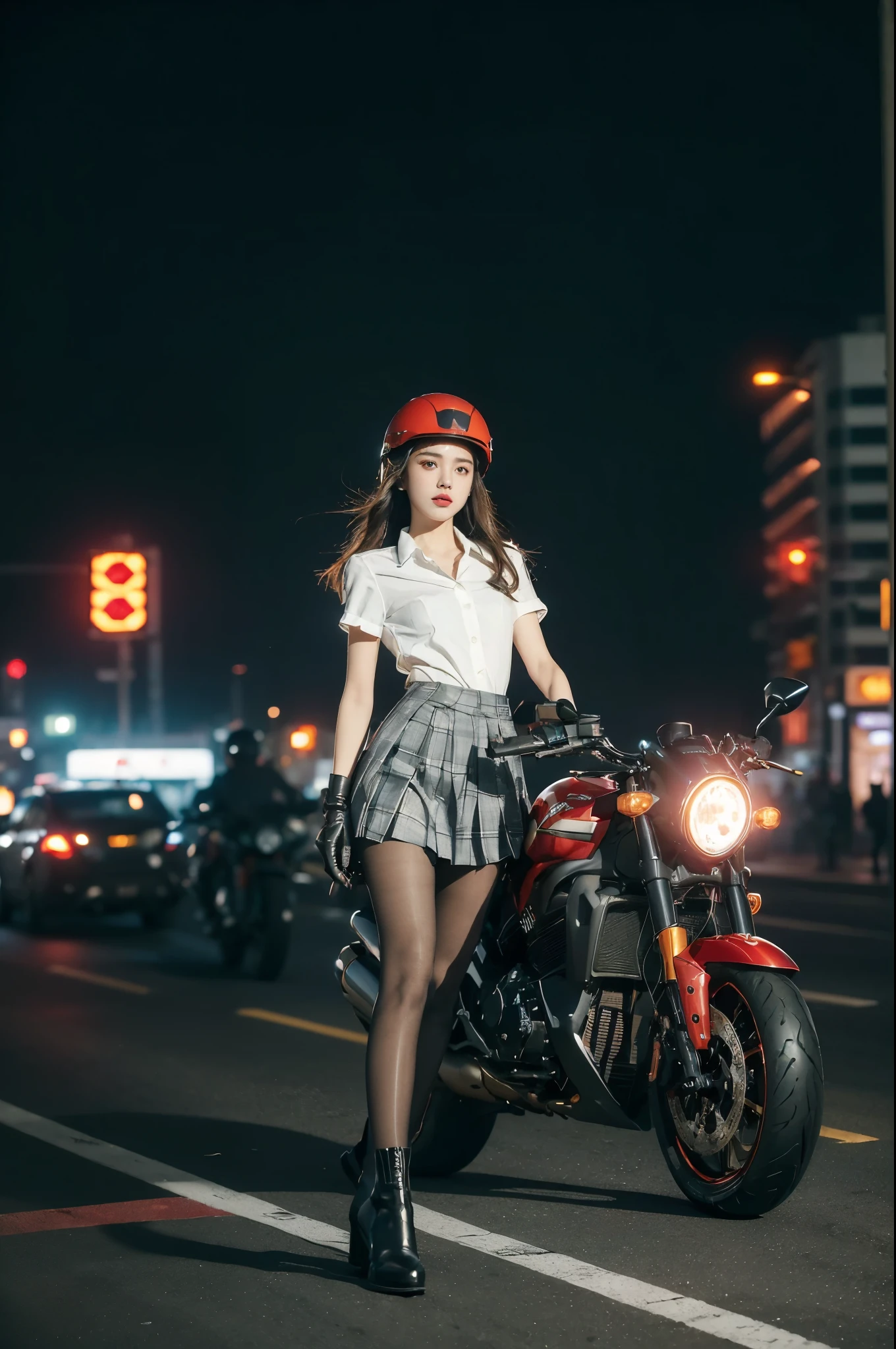 (((best quality))),(((ultra detailed))),(((masterpiece))),illustration,(1 beautiful girl,solo),((slim,thin)),((small breasts,flat chest)),(safety helmet:1.3),shoulder length straight bob hair,slender legs,cyberpunk, urban street,high school student, JK outfit,(riding on a motorcycle:1.3), sleek, (white collared short-sleeved shirt:1.3),(gloves:1.2),(red checkered pleated skirt:1.3),(pantyhose:1.3), stylish boots, confidence, determination, dark streets,neon lights, skyscrapers, urban noises, traffic, sirens, city sounds, futuristic, dystopian society, technology, fashion, explosive cocktail, style, modernity, attitude, spirit, anything is possible,((from front,full body))