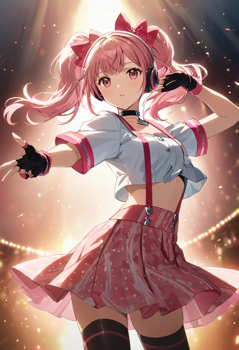 ,(upperbody:1),kujikawadancing, twintails, hair bow, headphones, white shirt, crop top, short sleeves, suspenders, pink skirt, black thighhighs, fingerless gloves, single glove, choker, midriff
, (cinematic), anime screencap:0.8, official art, masterpiece, best quality,UHD,HDR,intricate detailed,aesthetic,very aesthetic,,