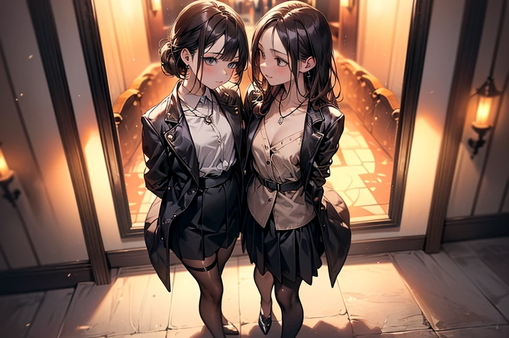 ((Biologically correct limb count))、(( Full-body photo including face))、4K、((Standing position))、masterpiece、((Focus on the face))、((Symmetrical facial features))、Eye for detailed depiction、Beautiful woman、Excellent style、Beautiful clavicle、Beautiful feet、Beautiful Hands、Slender body、(rubber tights、garter belt、High heels)、Facial detailing、Small earrings、necklace、(rubber jacket、Rubber Skirt)、High heelsに照明を当てる、tie、sunny、(((White framed photo)))、Fascinating、Night street、profile、(Low - Angle、A camera angle that captures the inside of a skirt from below)