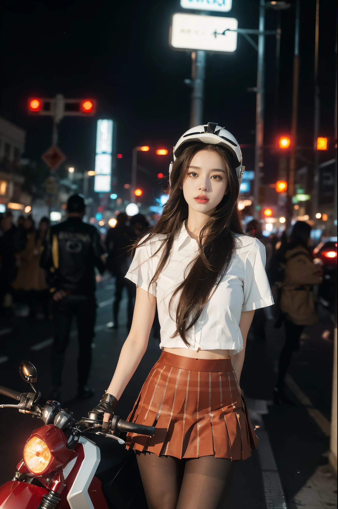 (((best quality))),(((ultra detailed))),(((masterpiece))),illustration,(1 beautiful girl,solo),((slim,thin)),((small breasts,flat chest)),(safety helmet:1.3),shoulder length straight bob hair,slender legs,cyberpunk, urban street,high school student, JK outfit,(riding on a motorcycle:1.3), sleek, (white collared short-sleeved shirt:1.3),(gloves:1.2),(red checkered pleated skirt:1.3),(pantyhose:1.3), stylish boots, confidence, determination, dark streets,neon lights, skyscrapers, urban noises, traffic, sirens, city sounds, futuristic, dystopian society, technology, fashion, explosive cocktail, style, , modernity, attitude, spirit, anything is possible,((from front,full body))