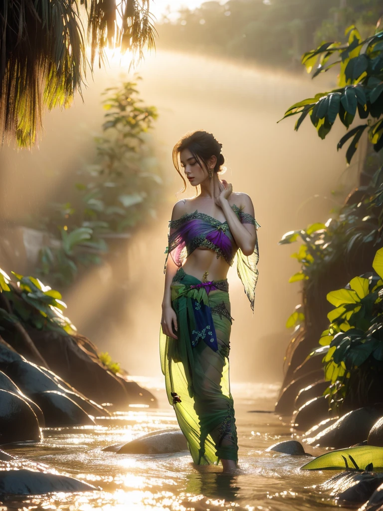 A woman with glistening skin and wet blonde hair is posing in a tropical waterfall in a full body shot from the front. She is wearing a sheer, clinging sarong that leaves little to the imagination. The background is a lush jungle with a cascading waterfall in high detail and perfect anatomy. It's early morning with a natural, sensual mood and tone, and the lighting is soft and misty, (waterfall pose: 1.3), (sheer clinging sarong: 1.9), (perfect anatomy: 1.5), (early morning: 1.5), (natural sensual mood: 1.7), (soft misty lighting: 1.8).