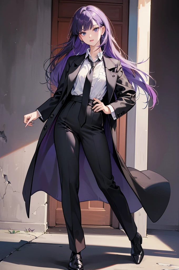 ((masterpiece)),((best quality)),((High Detail)),(8K)) ((Extremely detailed)) Cartoonist illustration, full-body shot,close up,A girl,Purple Hair,Waist-length hair,lol,自信的lol,Wearing a white shirt,Wear a black tie,Wear it over a black trench coat,Wear black pants,Wear sunglasses