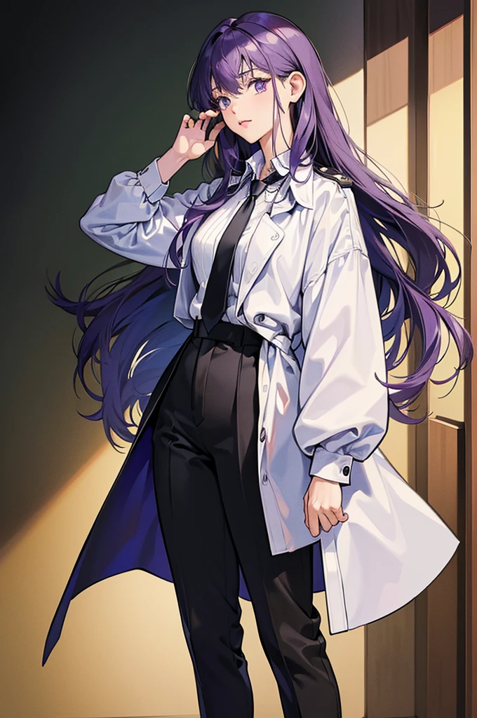 ((masterpiece)),((best quality)),((High Detail)),(8K)) ((Extremely detailed)) Cartoonist illustration, full-body shot,close up,A girl,Purple Hair,Waist-length hair,lol,自信的lol,Wearing a white shirt,Wear a black tie,Wear it over a black trench coat,Wear black pants,Wear sunglasses