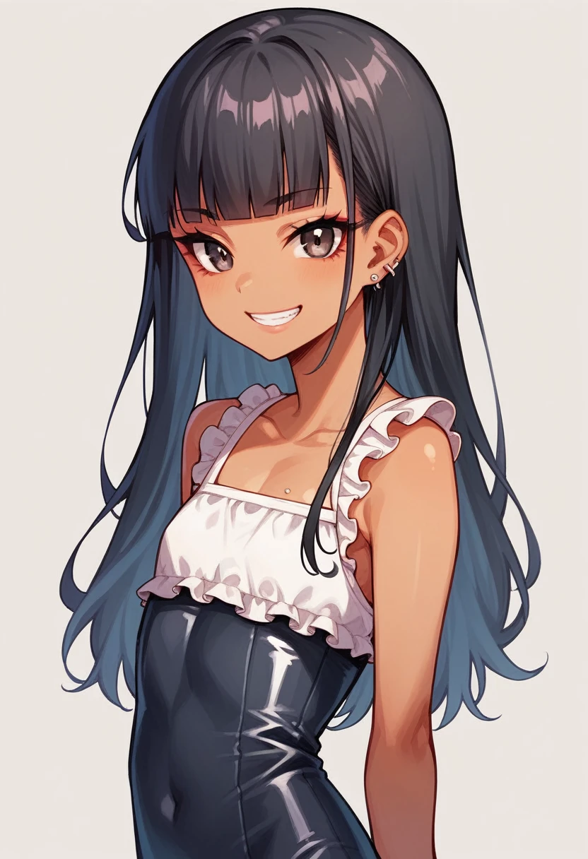 (young girl ,short stature,gyaru) ,flat chest,nsfw,rotund.cute.((tight-stripe-tank-dress.)).black hair,long hair.smile、cowboy shot.