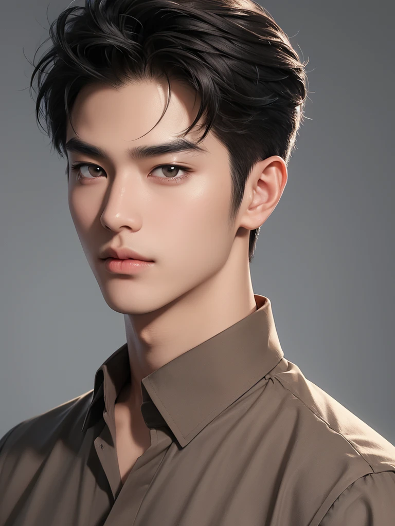 ((High quality)), ((masterpiece)), ((highly detailed)), perfect face, realistic, ((man)), ((Asian)), black hair, korean boy, portrait, cute guy, handsome guy, grey wallpaper, brown eyes, sexy, one lid, casual shirt