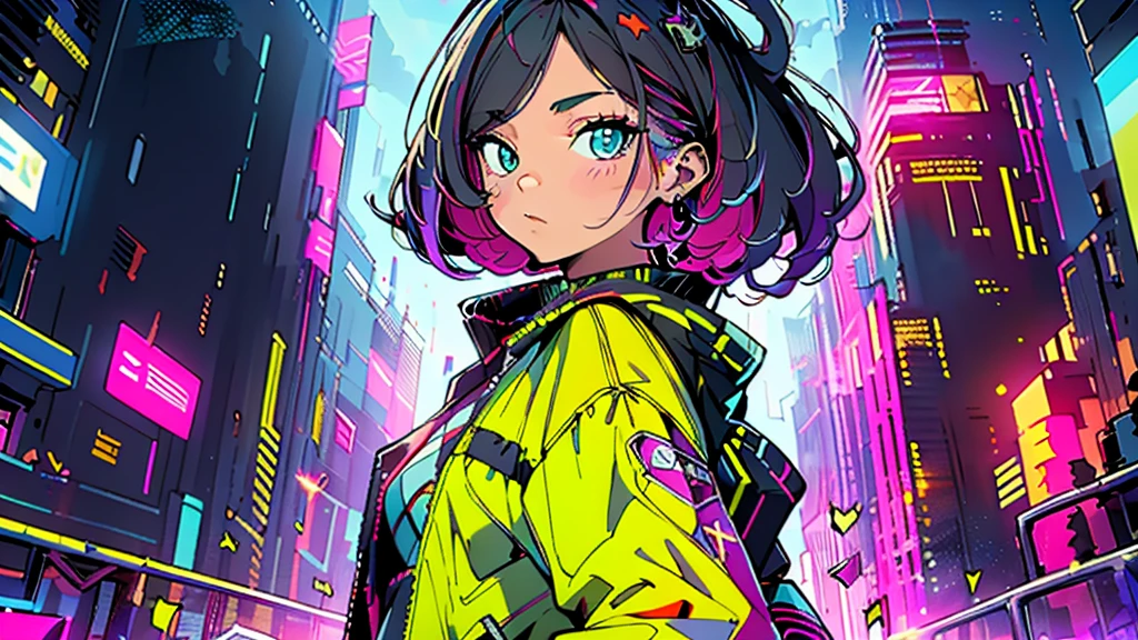 (high quality, 8K, 4K, High Contrast, masterpiece:1.2, best high quality, Best aesthetics), (Dynamic Angle), ((1 female)), JK, big tits, nsfw, ((cyber punk)), ((Flat Color)), ((Colorful art)), Riders jacket, Looking at viewer, Upper Body, Colored Background, High Contrast, Contrasting colors, Cowboy Shot,